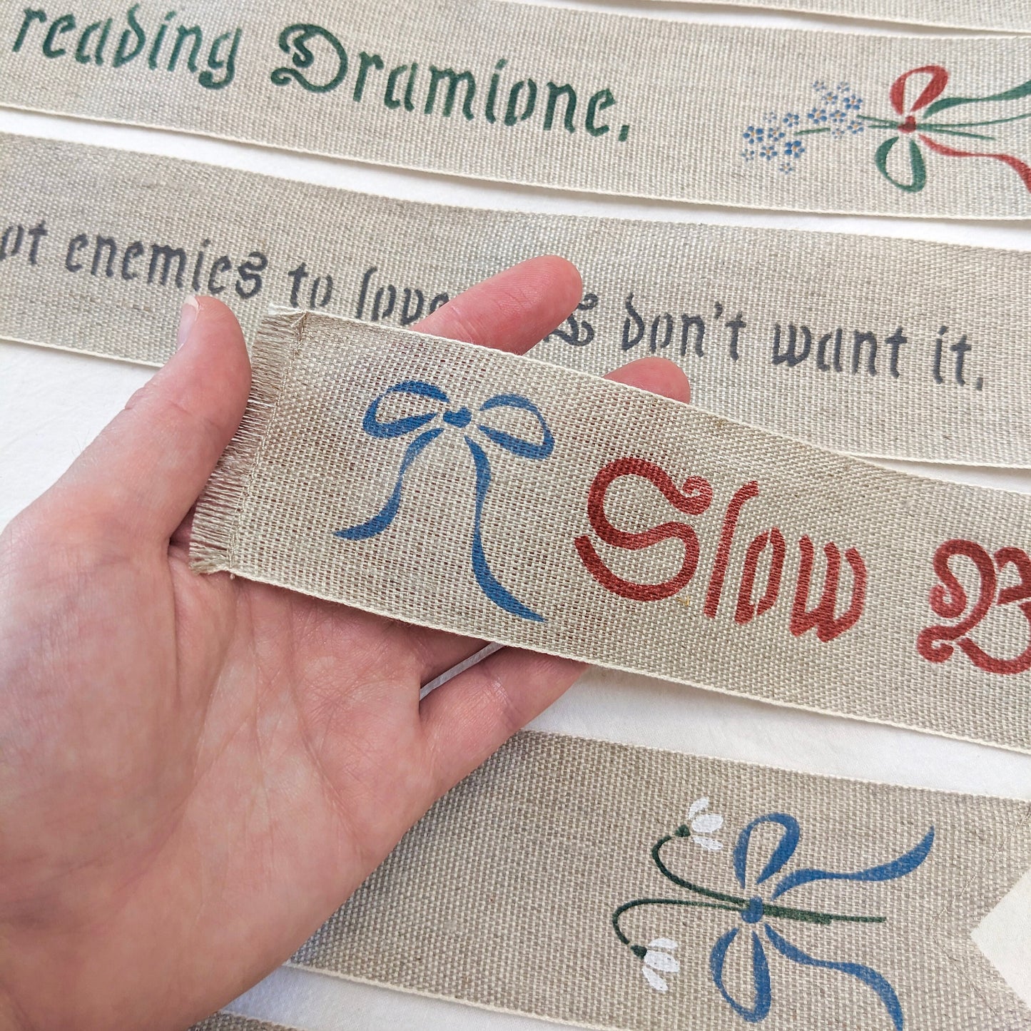 Book Tropes Hand Painted Linen Ribbon Bookmark