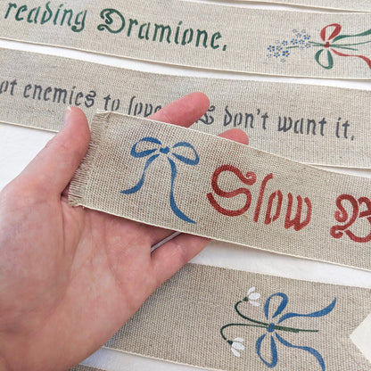 Book Tropes Hand Painted Linen Ribbon Bookmark