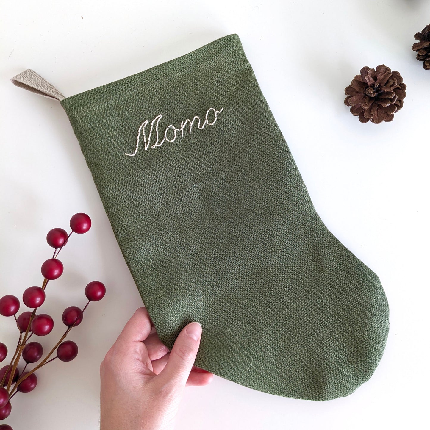 Hand Embroidered Linen Christmas Stocking [Mini Size]