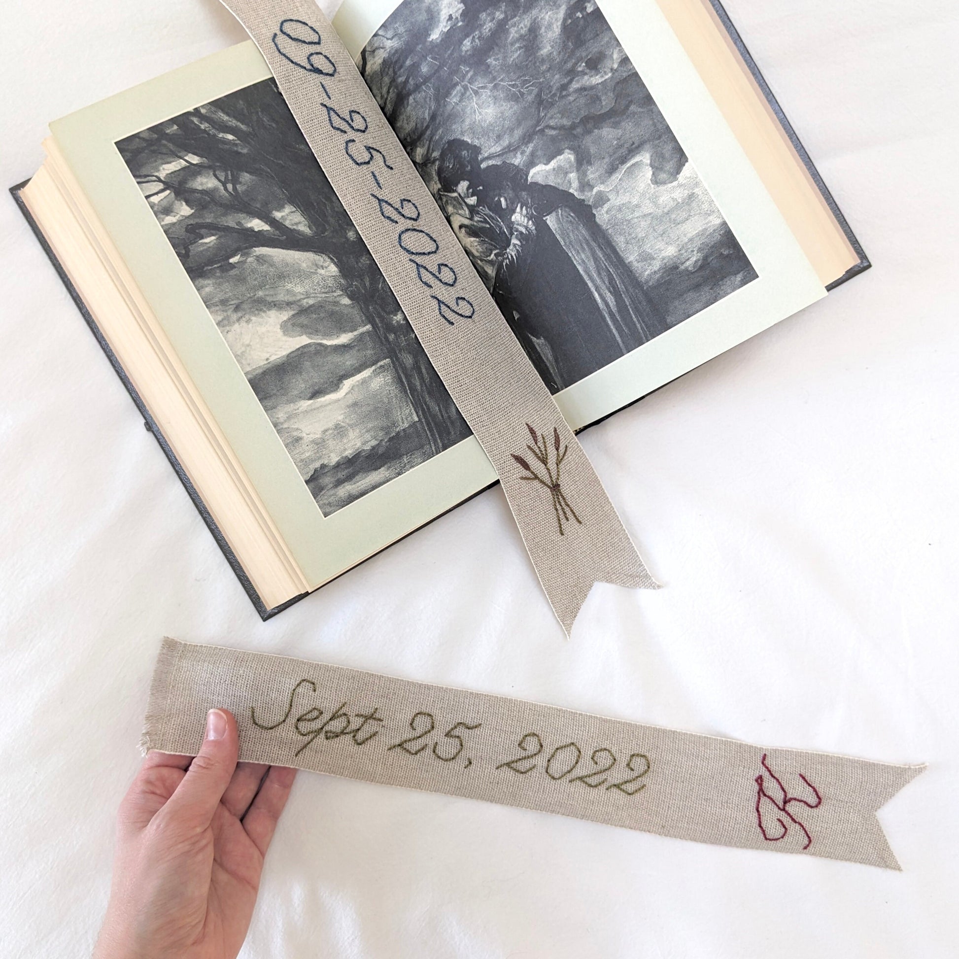 Hand embroidered linen ribbon bookmark with custom anniversary date
