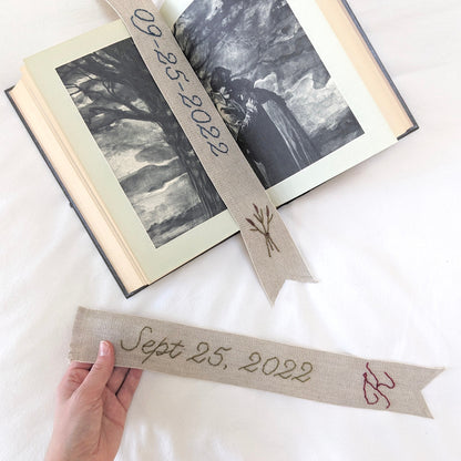 Hand embroidered linen ribbon bookmark with custom anniversary date