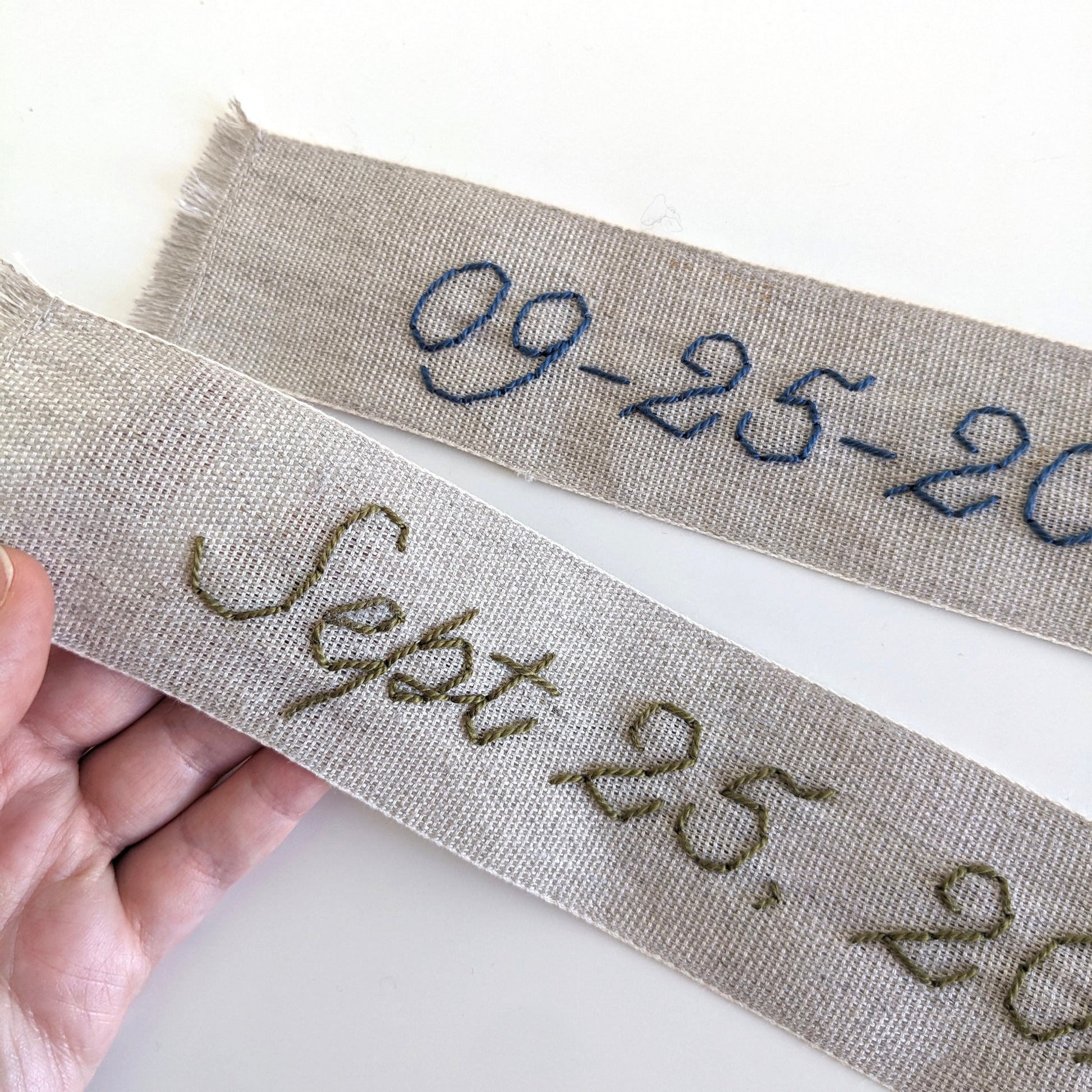 Hand embroidered linen ribbon bookmark with custom anniversary date