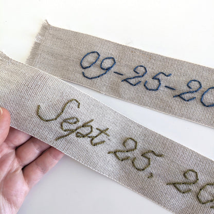 Hand embroidered linen ribbon bookmark with custom anniversary date