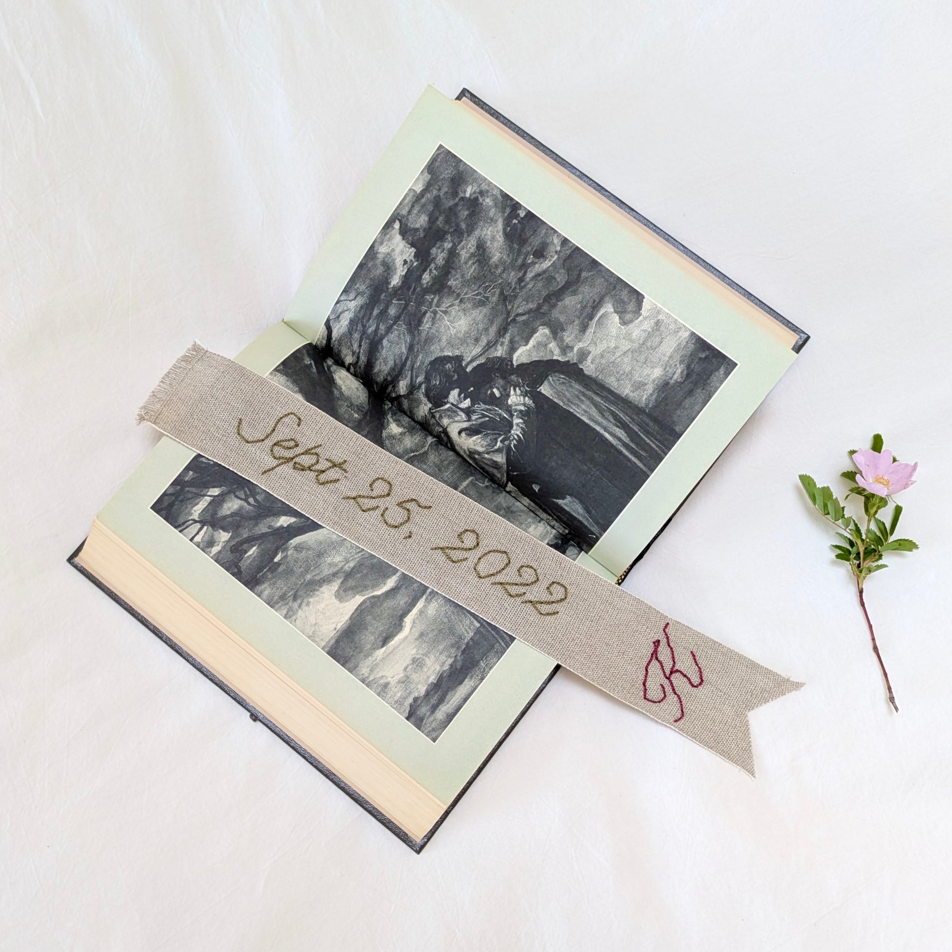 Hand embroidered linen ribbon bookmark with personalized anniversary date and monogram