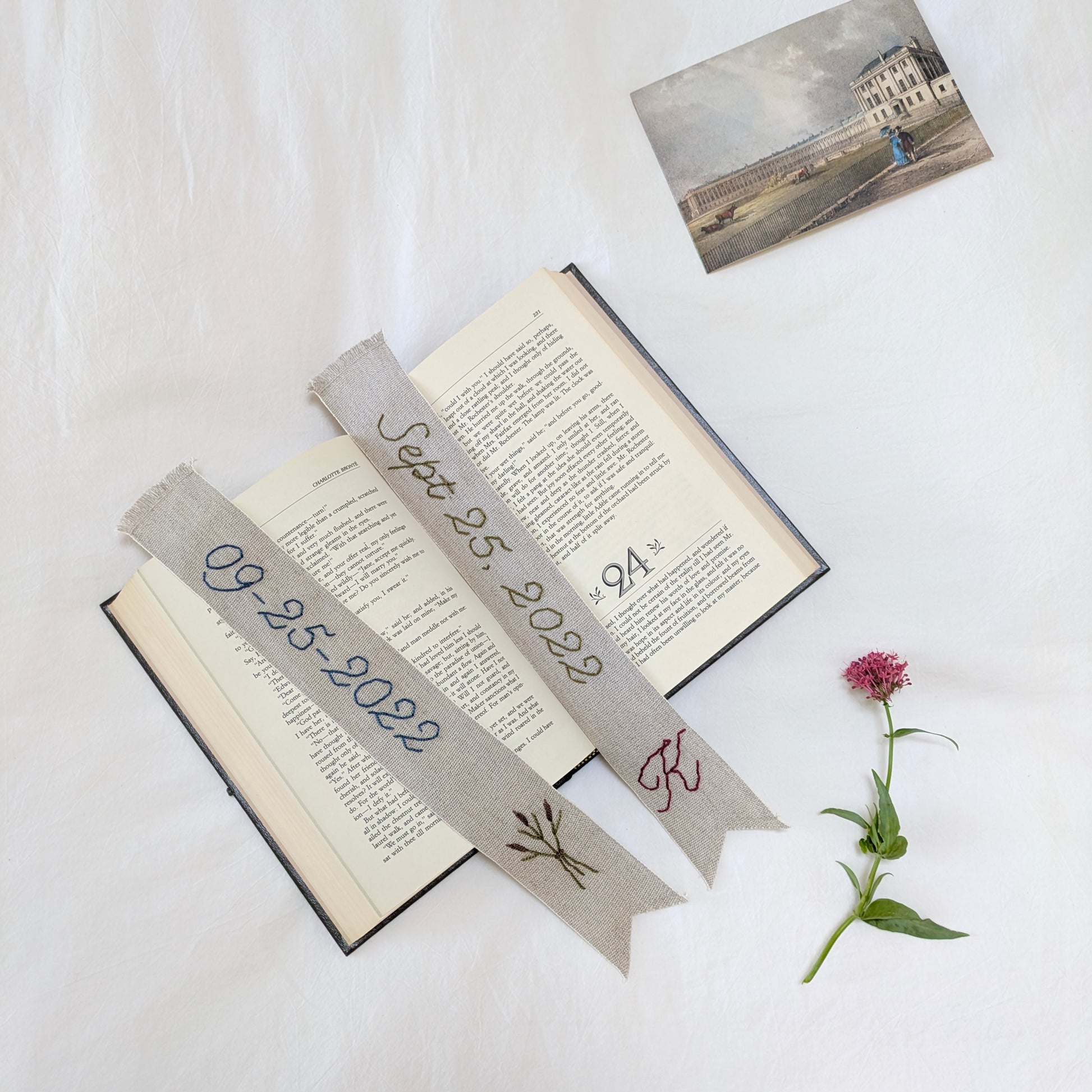 Hand embroidered linen ribbon bookmark with custom anniversary date