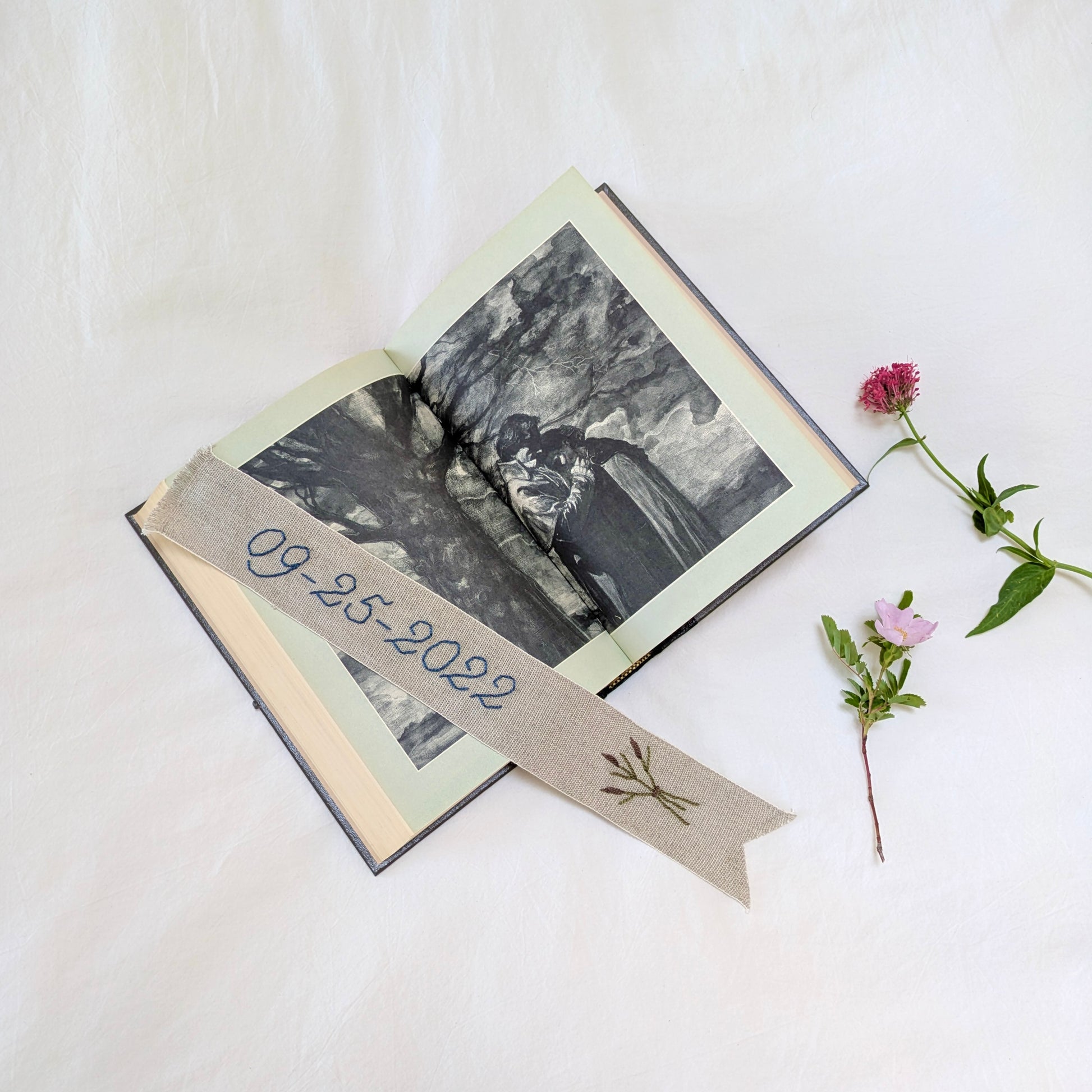 Hand embroidered linen ribbon bookmark with custom anniversary date