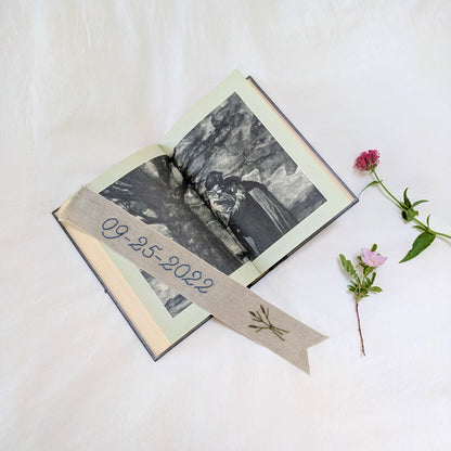 Hand embroidered linen ribbon bookmark with custom anniversary date