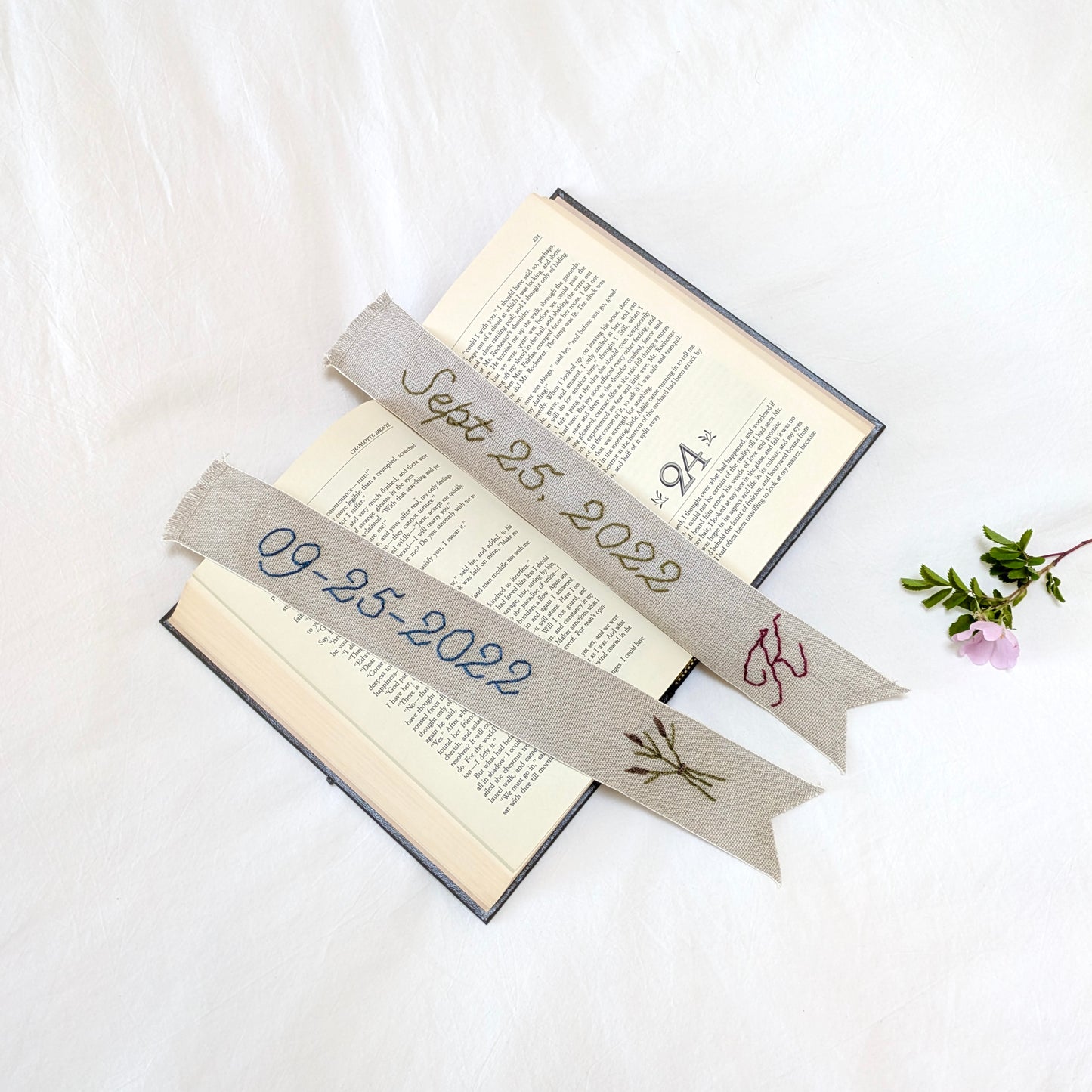 Hand embroidered linen ribbon bookmark with custom anniversary date
