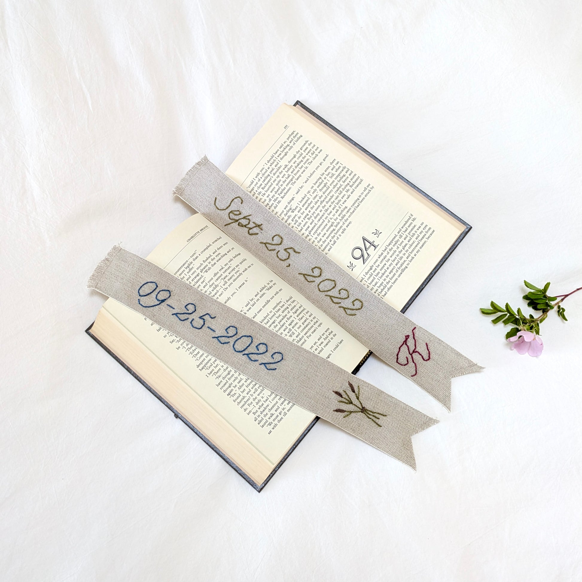 Hand embroidered linen ribbon bookmark with custom anniversary date