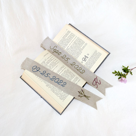 Hand embroidered linen ribbon bookmark with custom anniversary date