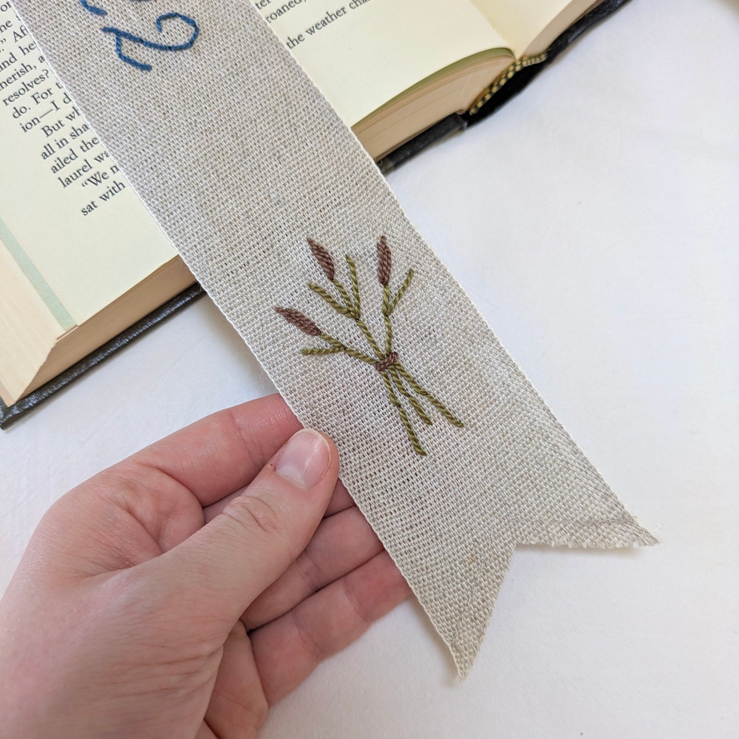 Hand embroidered linen ribbon bookmark with custom anniversary date with cattails