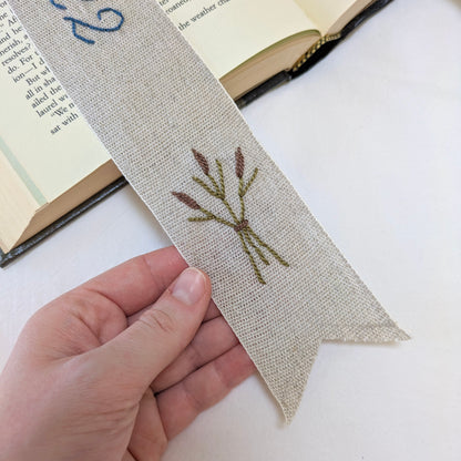 Hand embroidered linen ribbon bookmark with custom anniversary date with cattails
