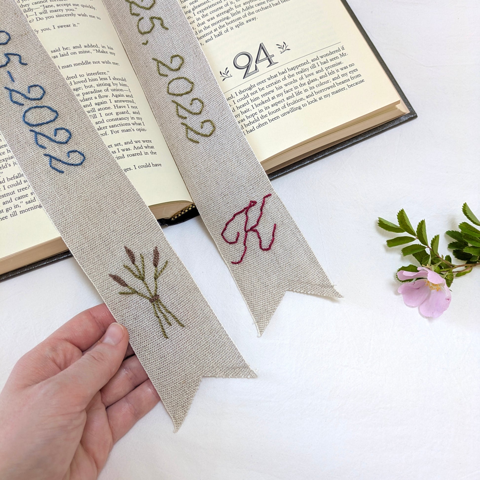 Hand embroidered linen ribbon bookmark with custom anniversary date, cattail or monogram motif
