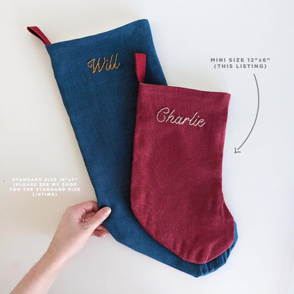 Hand Embroidered Linen Christmas Stocking [Mini Size]