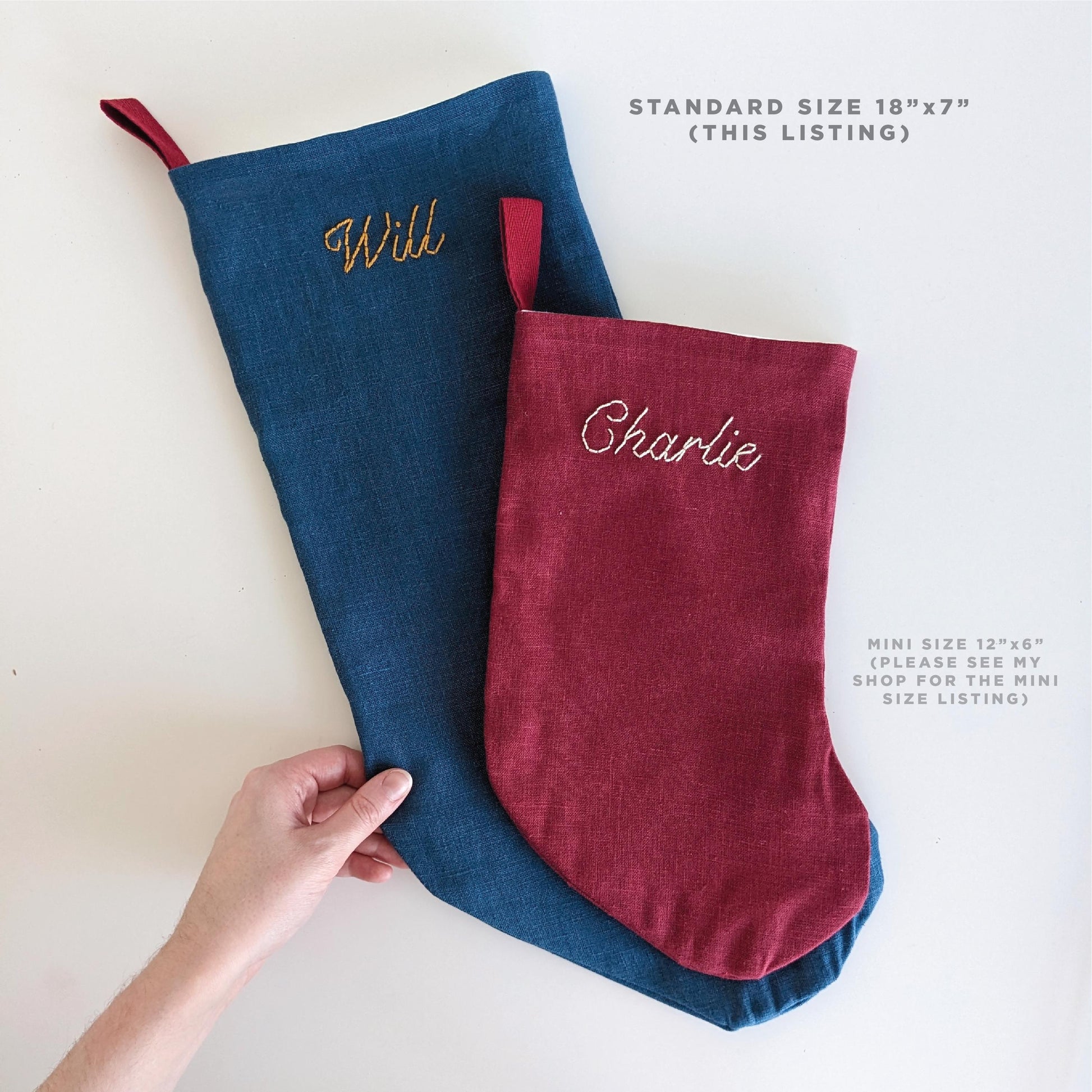 Hand embroidered linen Christmas stocking with name