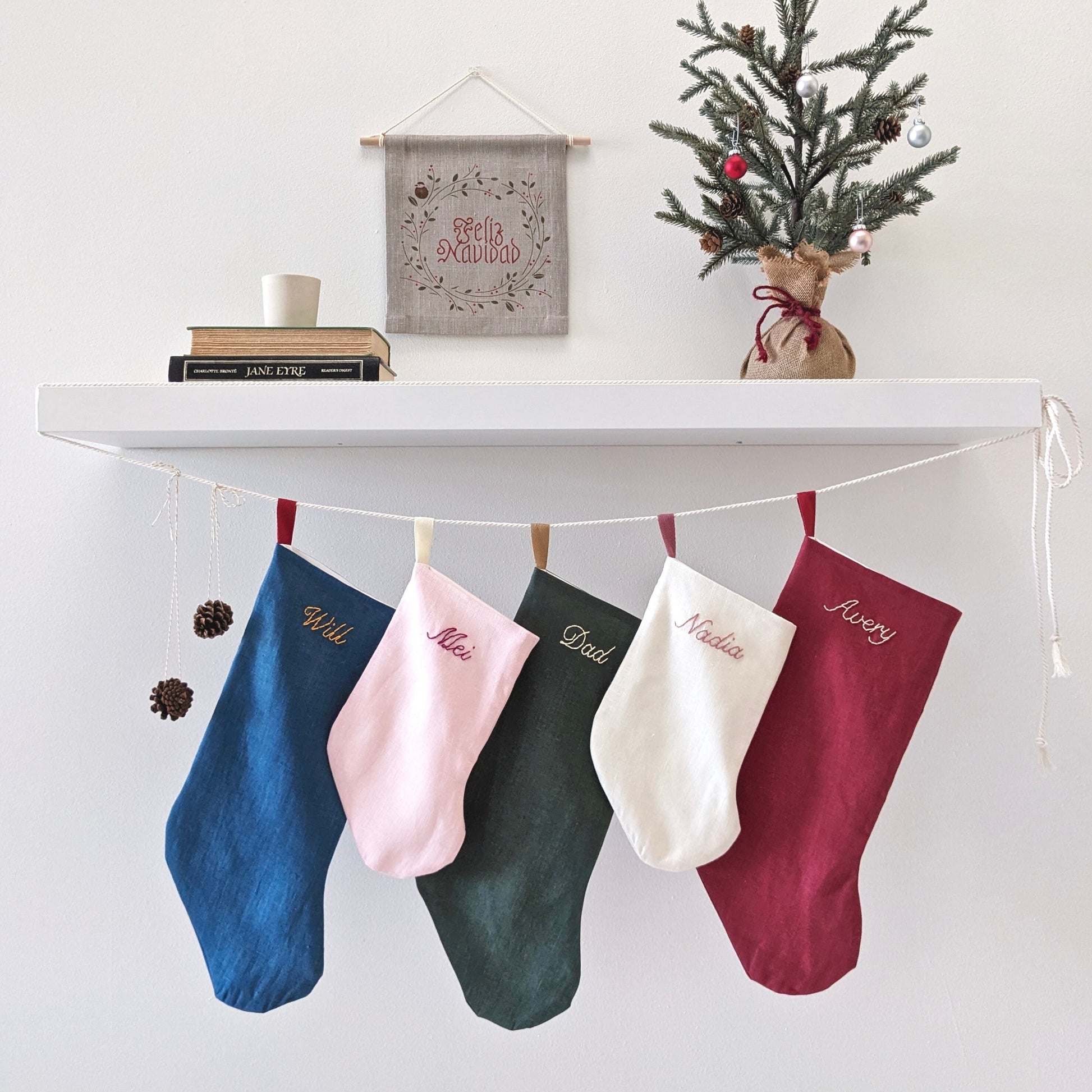 Hand embroidered linen Christmas stocking with name