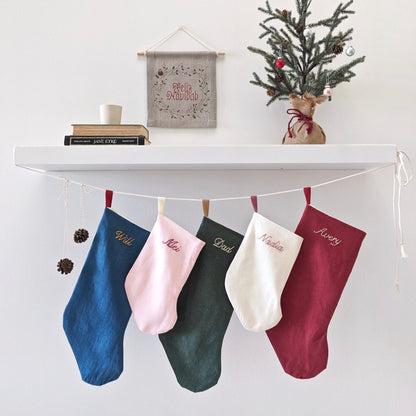 Hand embroidered linen Christmas stocking with name