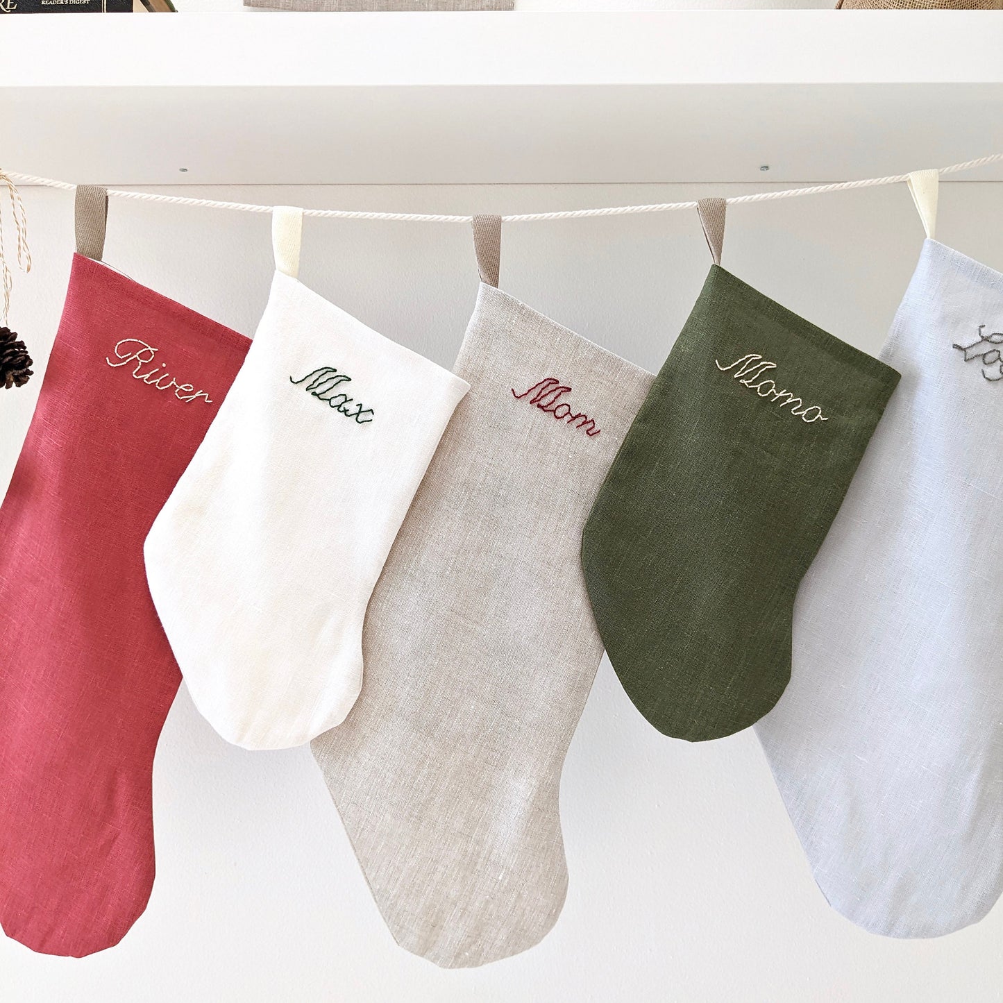Simple classic hand embroidered linen Christmas stocking with personalized name