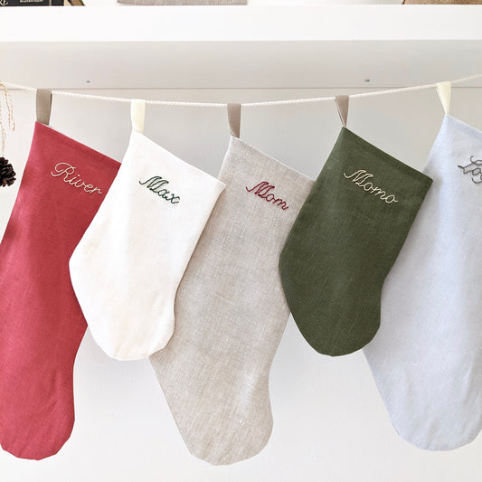 Simple classic hand embroidered linen Christmas stocking with personalized name