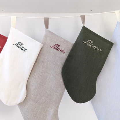 Hand embroidered small linen Christmas stocking with personalized name