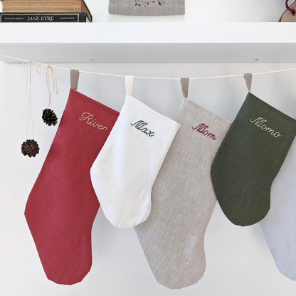 Hand embroidered linen Christmas stocking with personalized name