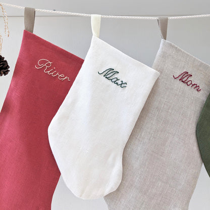 Hand embroidered ivory linen Christmas stocking with personalized name