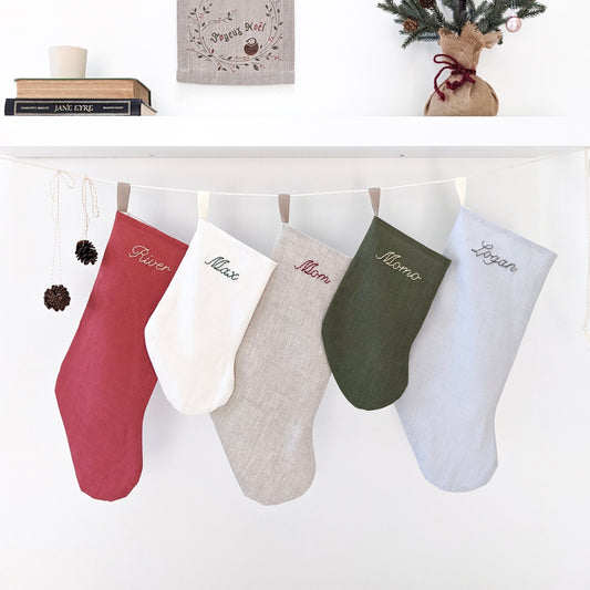 Hand embroidered classic modern linen Christmas stocking with personalized name