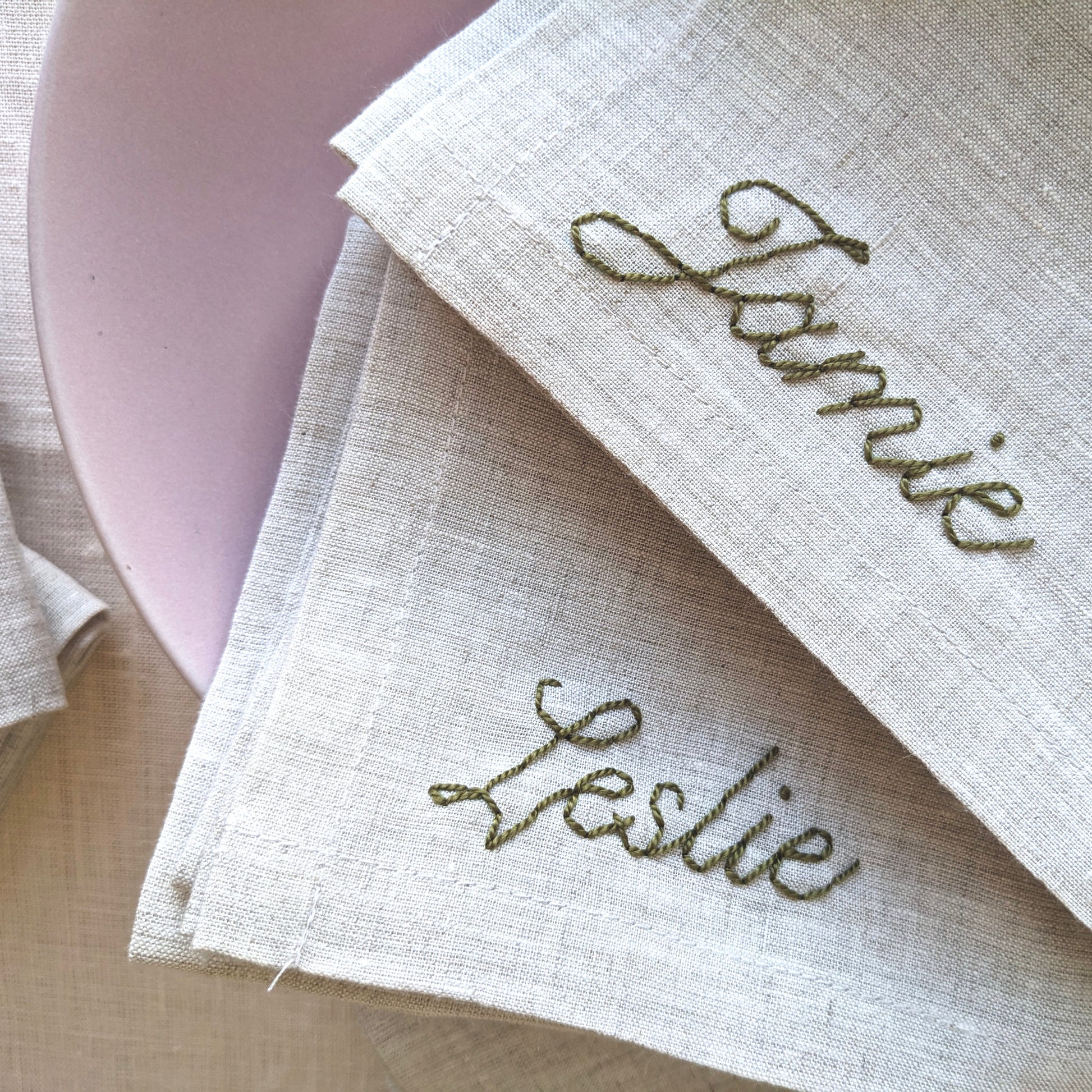 Hand embroidered natural linen napkin with custom name