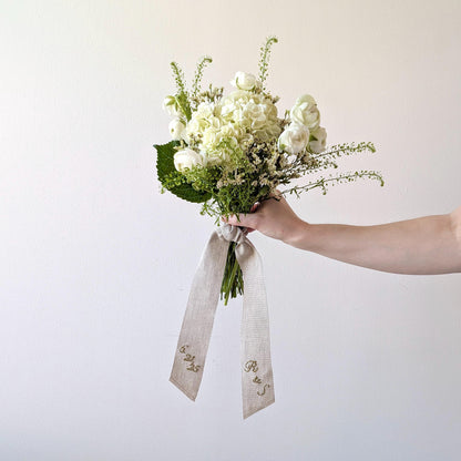 Hand embroidered linen ribbon wedding bouquet wrap with your custom message, monogram, or wedding date