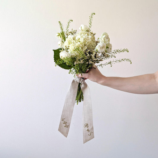 Hand embroidered linen ribbon wedding bouquet wrap with your custom message, monogram, or wedding date