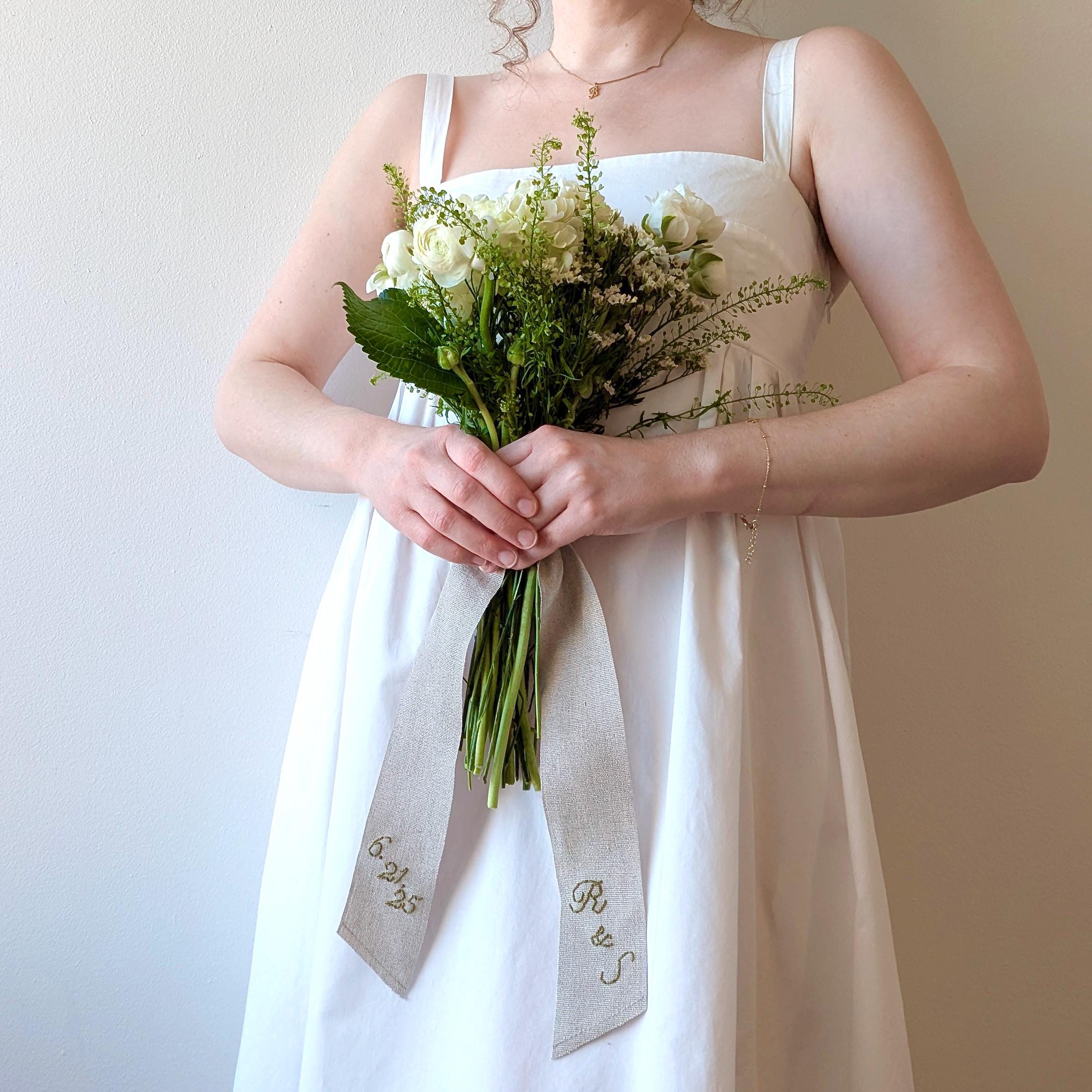 Hand embroidered linen ribbon wedding bouquet wrap with your custom message, monogram, or wedding date