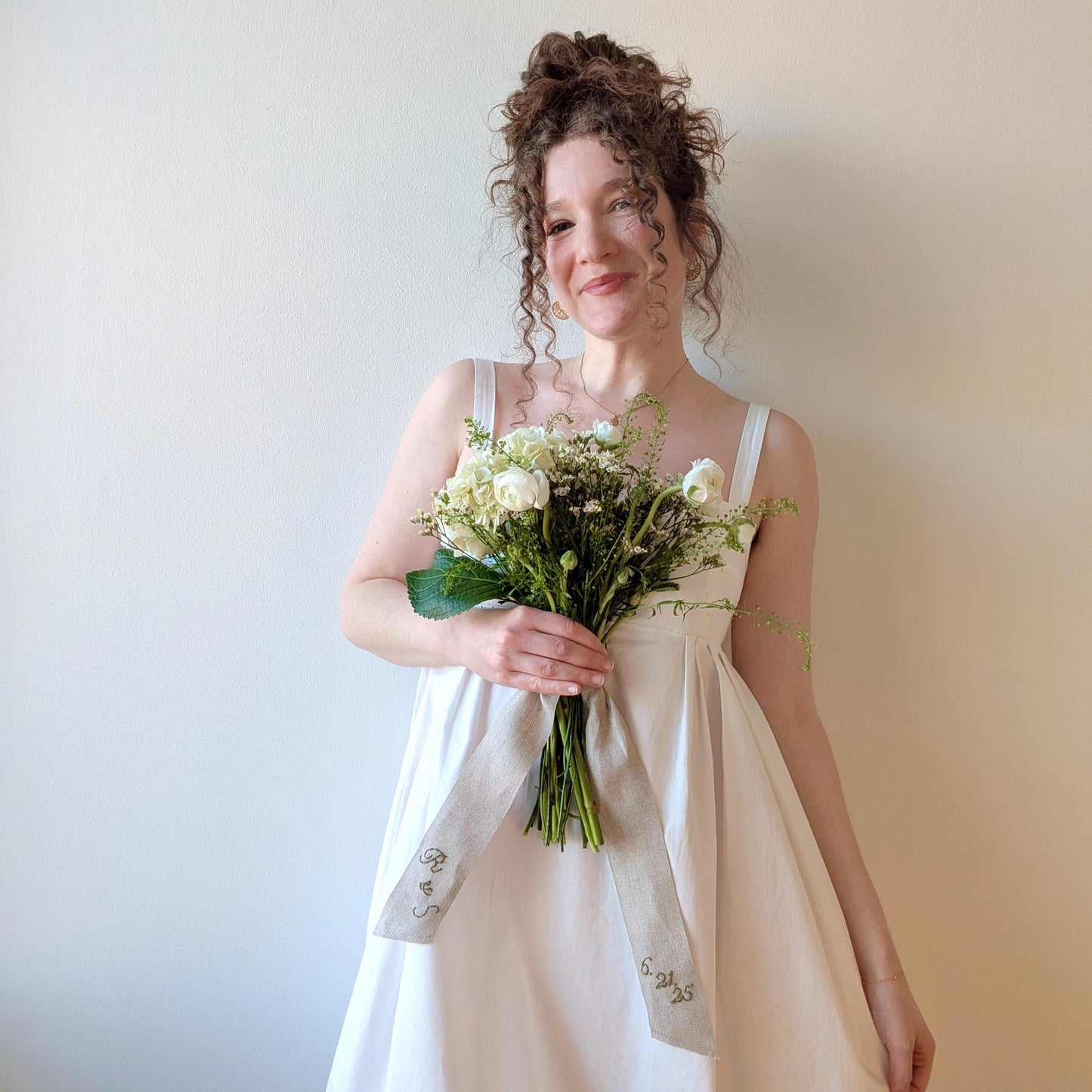 Hand embroidered linen ribbon wedding bouquet wrap with your custom message, monogram, or wedding date
