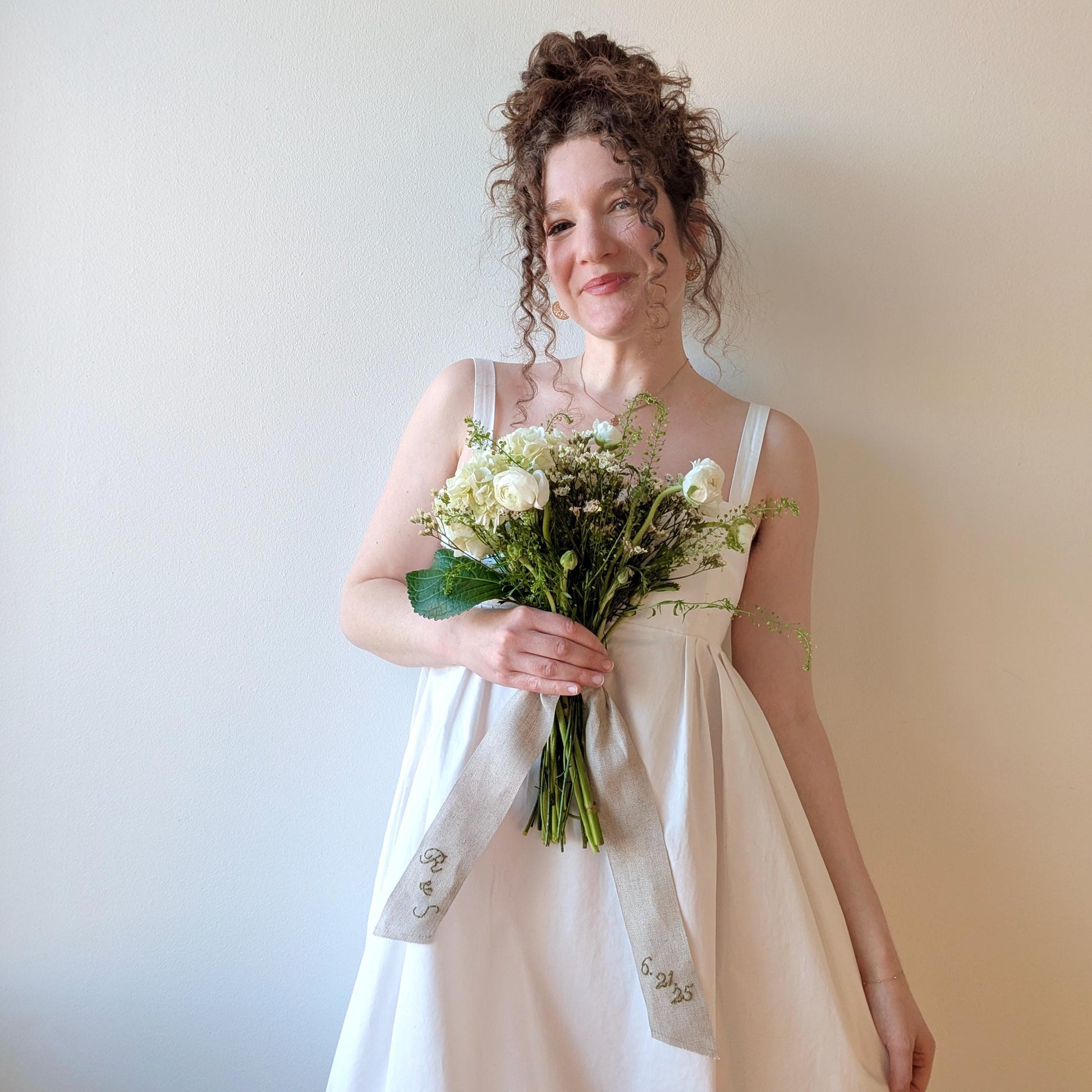 Hand embroidered linen ribbon wedding bouquet wrap with your custom message, monogram, or wedding date