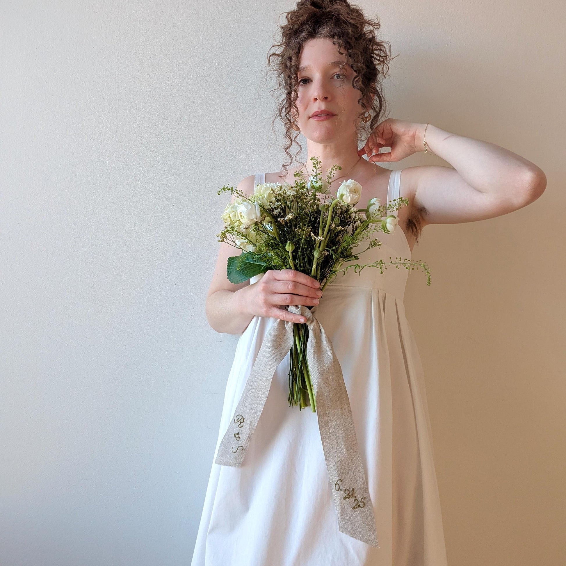 Hand embroidered linen ribbon wedding bouquet wrap with your custom message, monogram, or wedding date