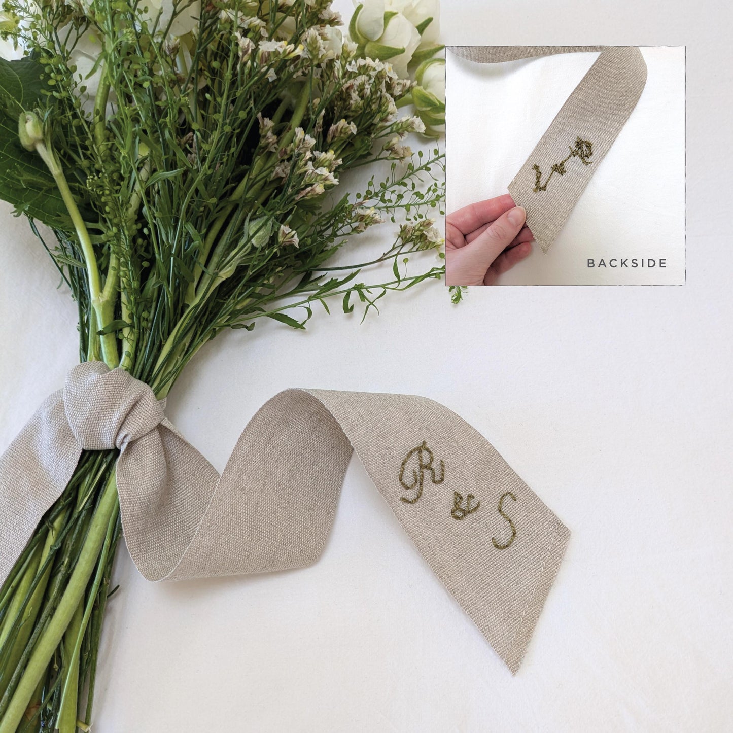 Hand embroidered linen ribbon wedding bouquet wrap with your custom message, monogram, or wedding date