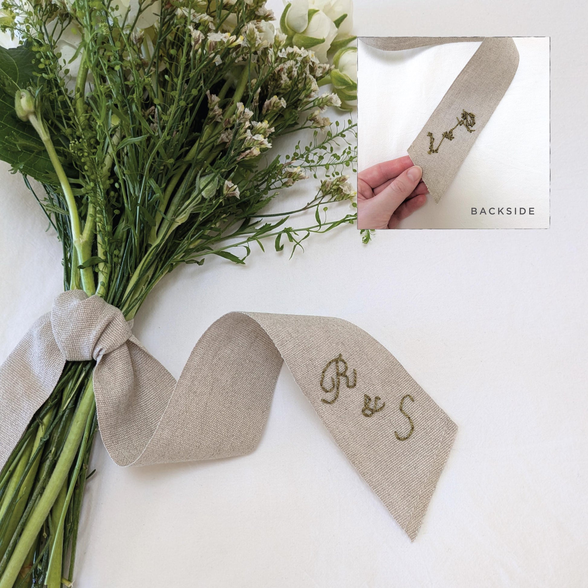 Hand embroidered linen ribbon wedding bouquet wrap with your custom message, monogram, or wedding date