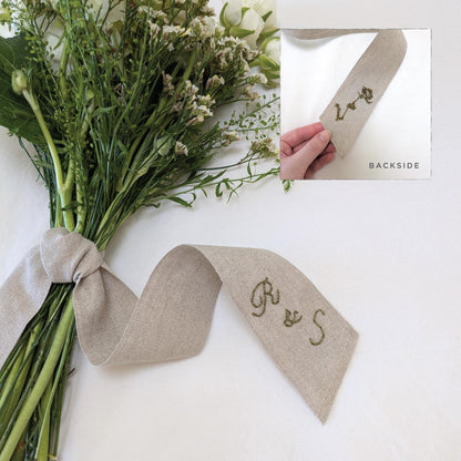Hand embroidered linen ribbon wedding bouquet wrap with your custom message, monogram, or wedding date