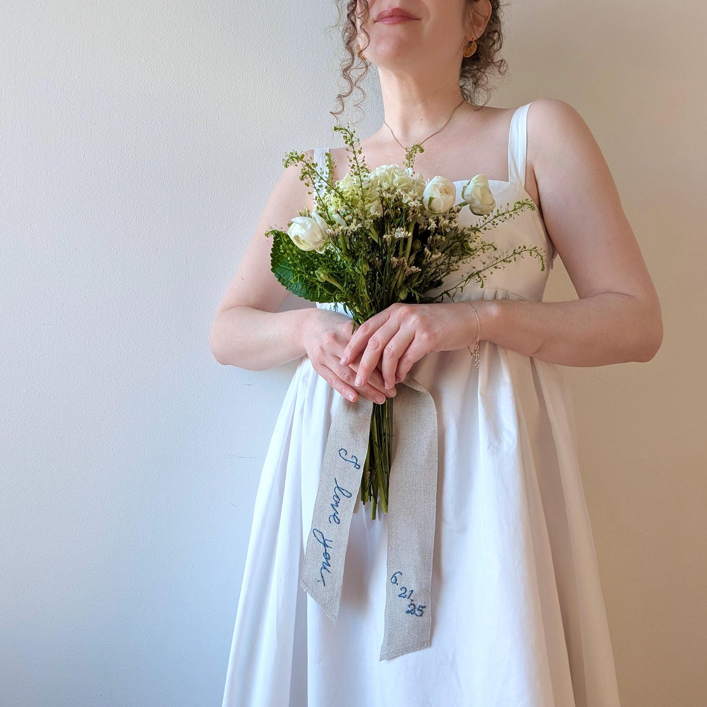 Hand embroidered linen ribbon wedding bouquet wrap with your custom message, monogram, or wedding date