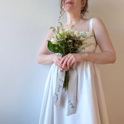 Hand embroidered linen ribbon wedding bouquet wrap with your custom message, monogram, or wedding date