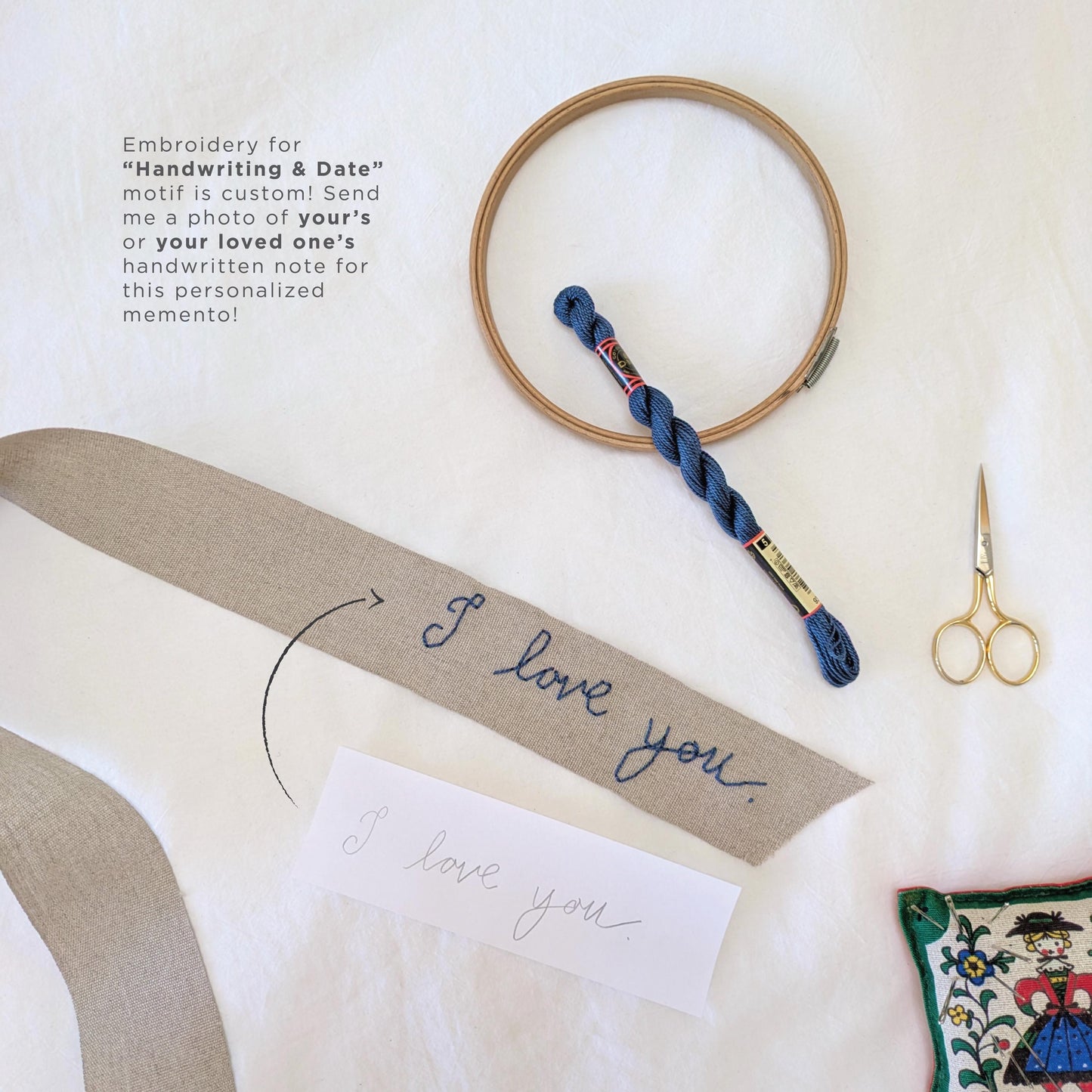 Hand embroidered linen ribbon wedding bouquet wrap with your custom message in yours or your loved one's handwriting
