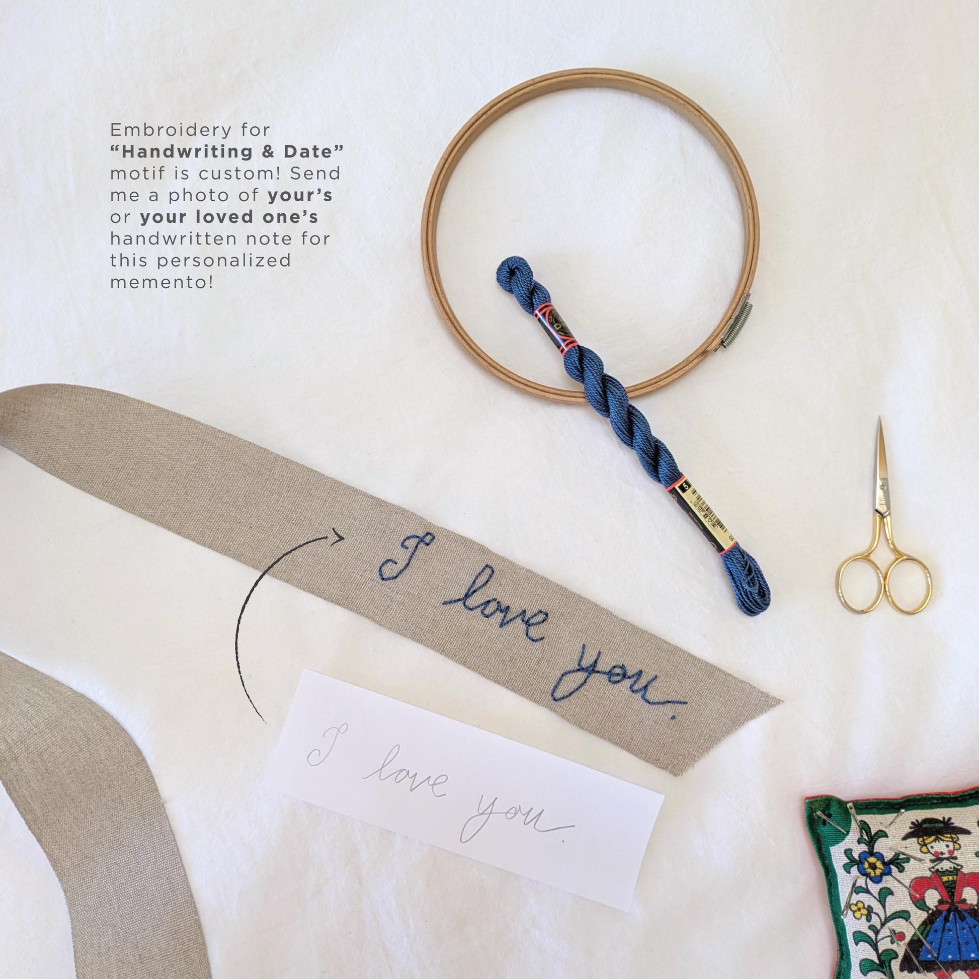 Hand embroidered linen ribbon wedding bouquet wrap with your custom message in yours or your loved one's handwriting