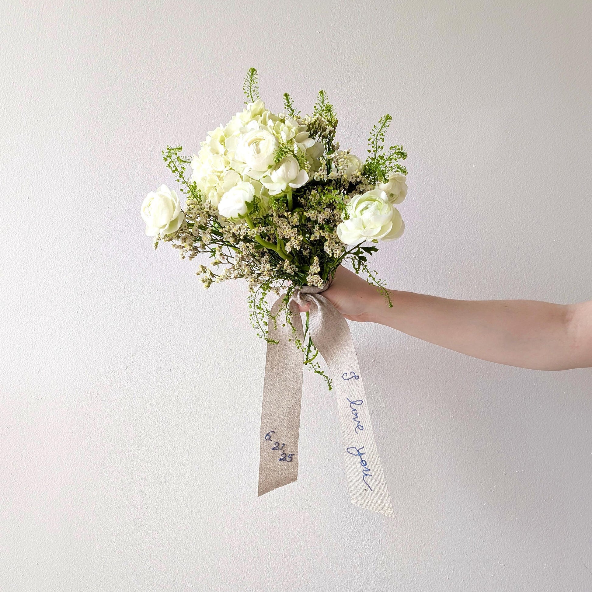 Hand embroidered linen ribbon wedding bouquet wrap with your custom message, monogram, or wedding date