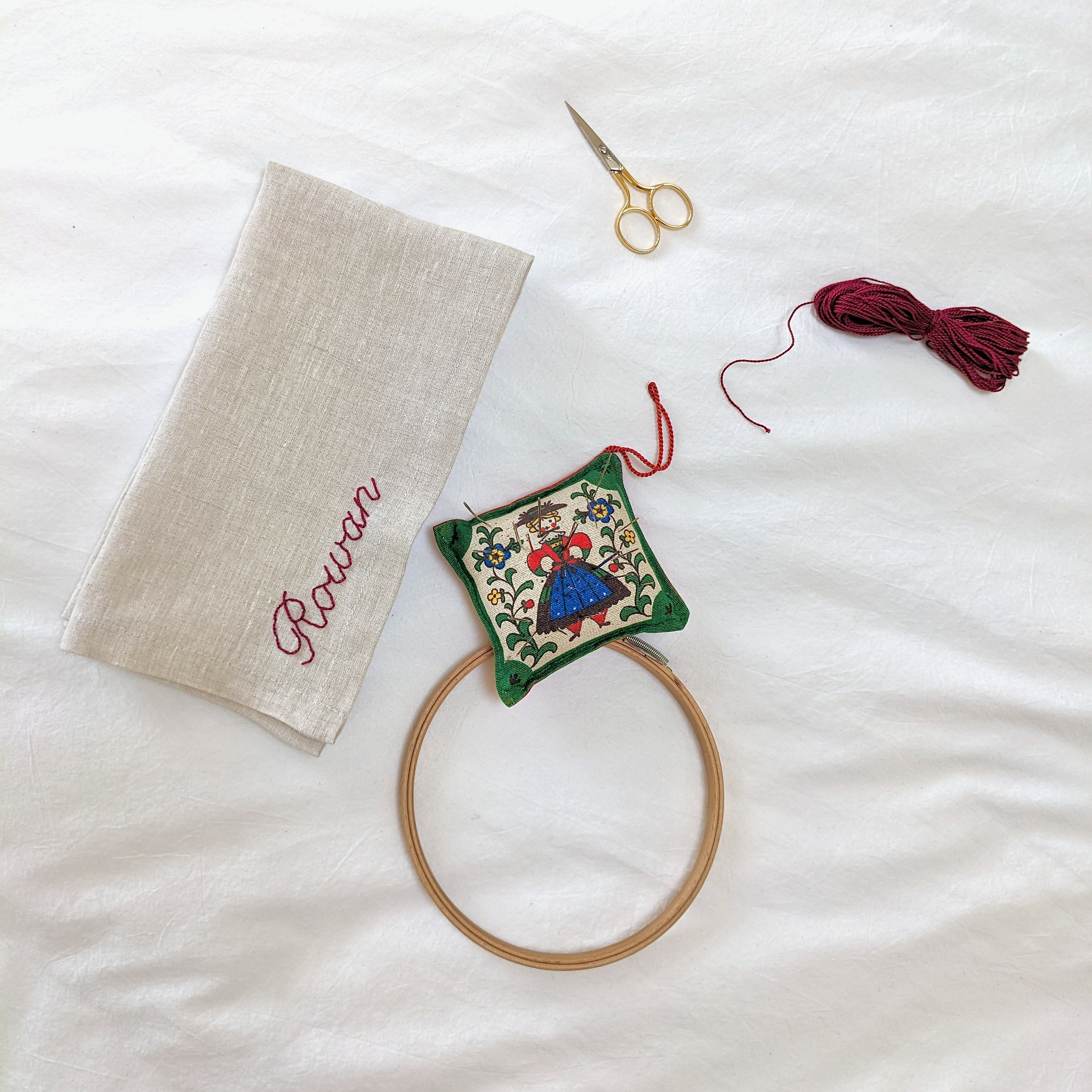 Hand embroidered linen napkin with custom name