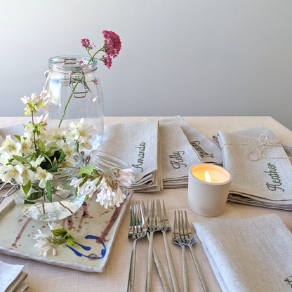 Hand embroidered linen napkin with custom name