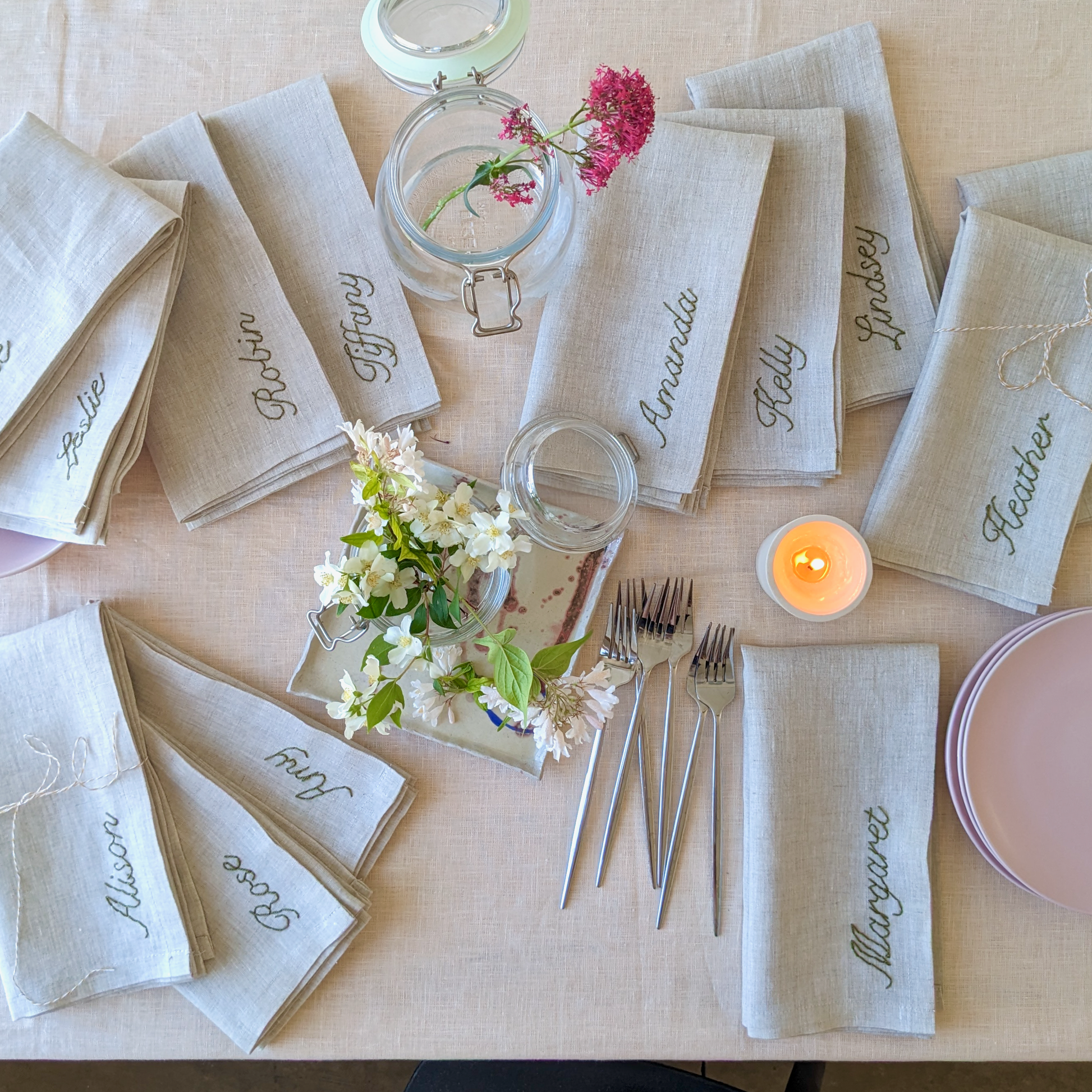 Hand embroidered linen napkin with custom name for wedding, birthday, or special event