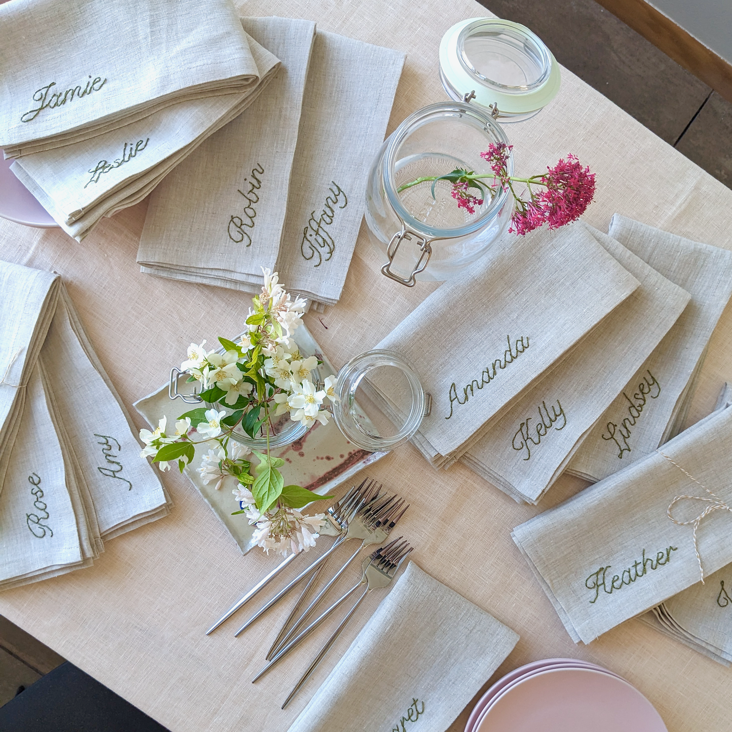 Hand embroidered linen napkin with custom name