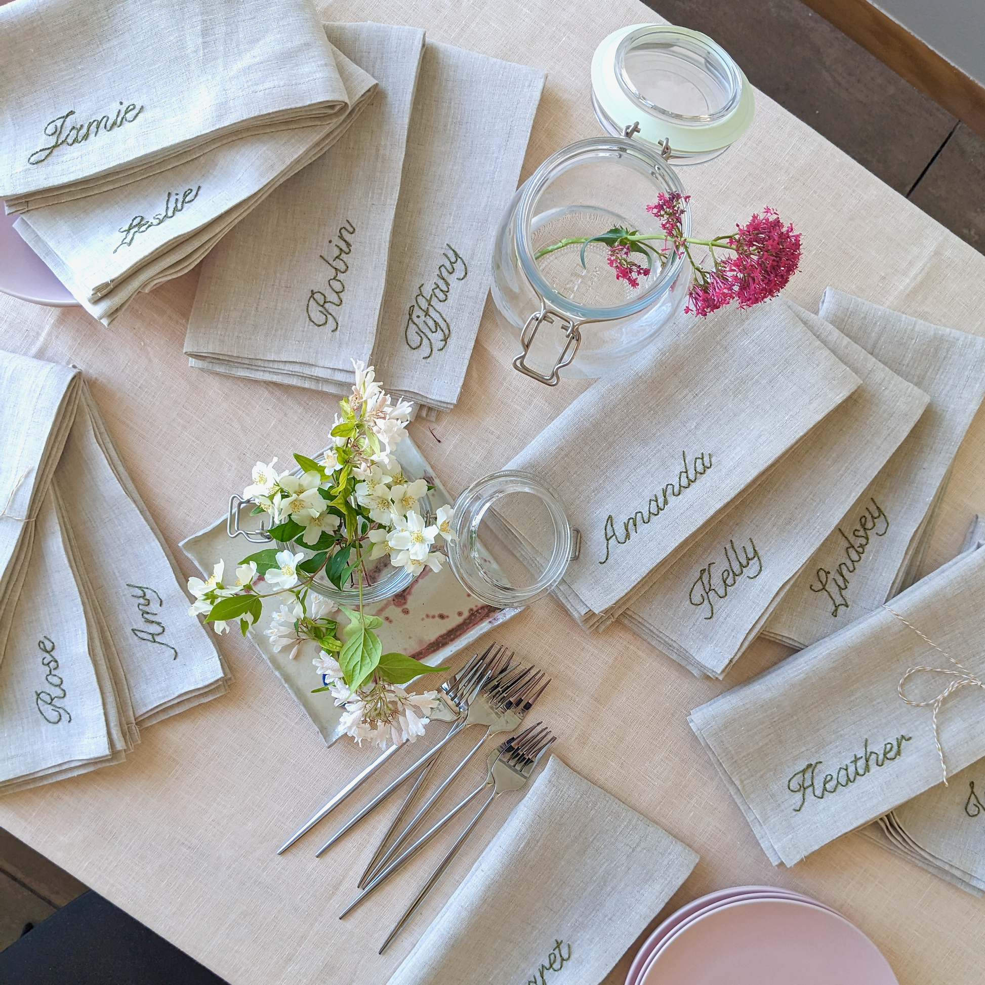 Hand embroidered linen napkin with custom name