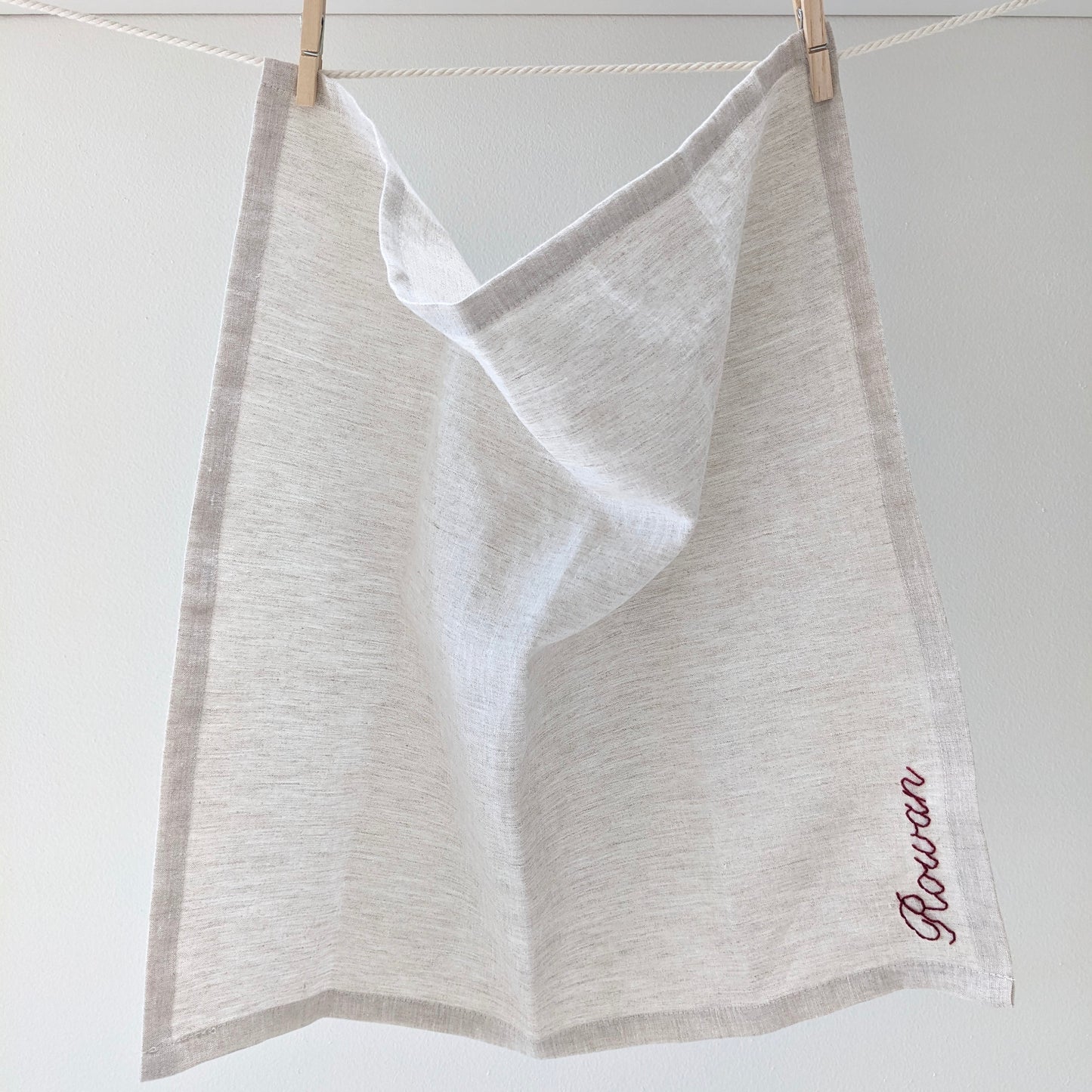 Hand embroidered linen napkin with custom name