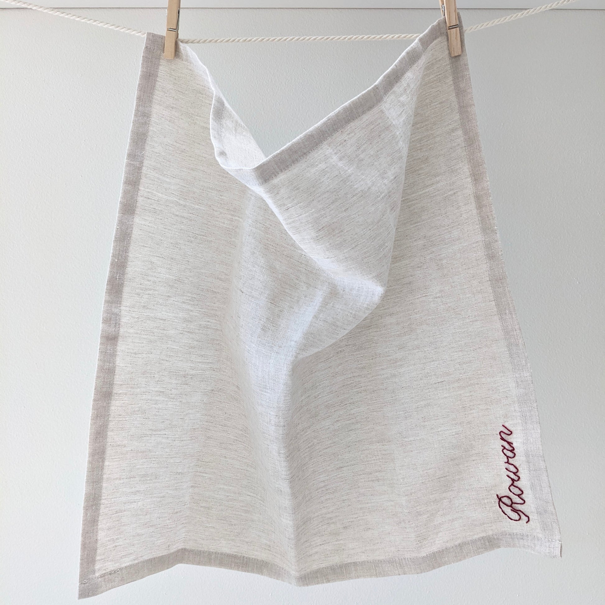 Hand embroidered linen napkin with custom name