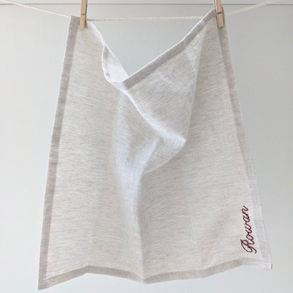 Hand embroidered linen napkin with custom name